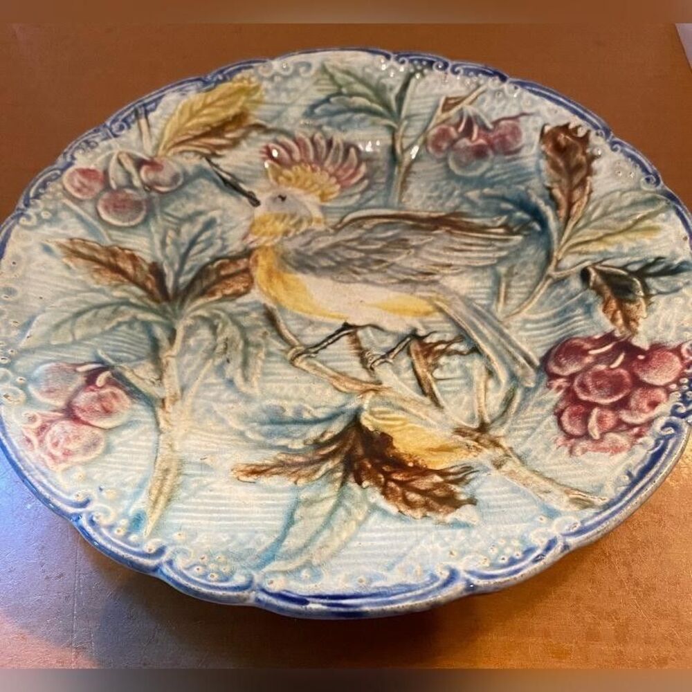 Antique Majolica Wasmuel Grapes Bird Floral Plate Ceramic Multicolor Victorian